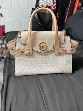 Michael Kors Cream and Tan MK Logo Satchel with Gold Hardware